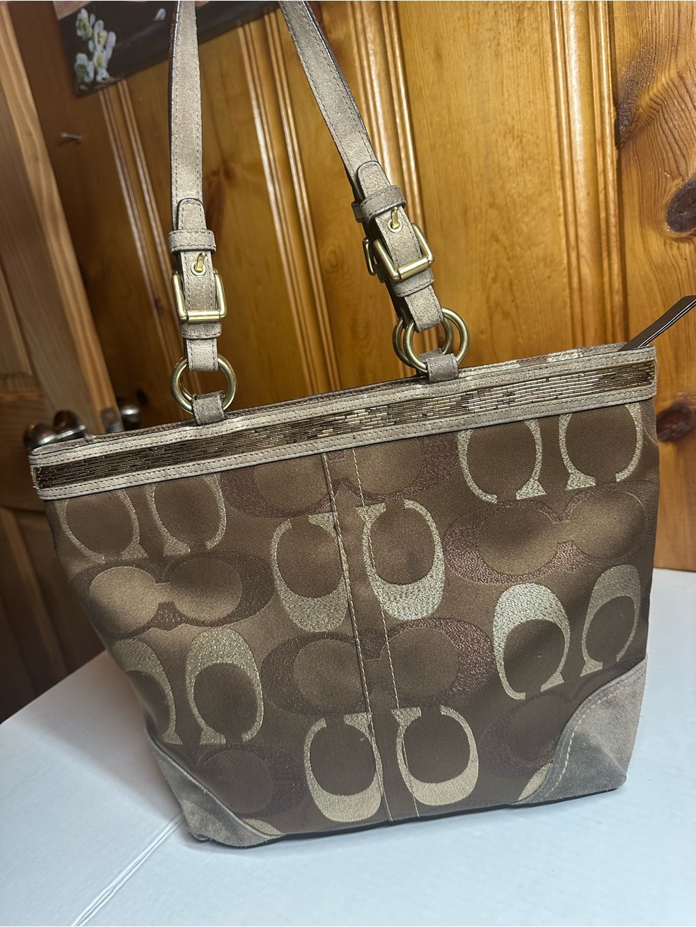 COACH Brown and Gold Signature Canvas Tote - Picture 10 of 13